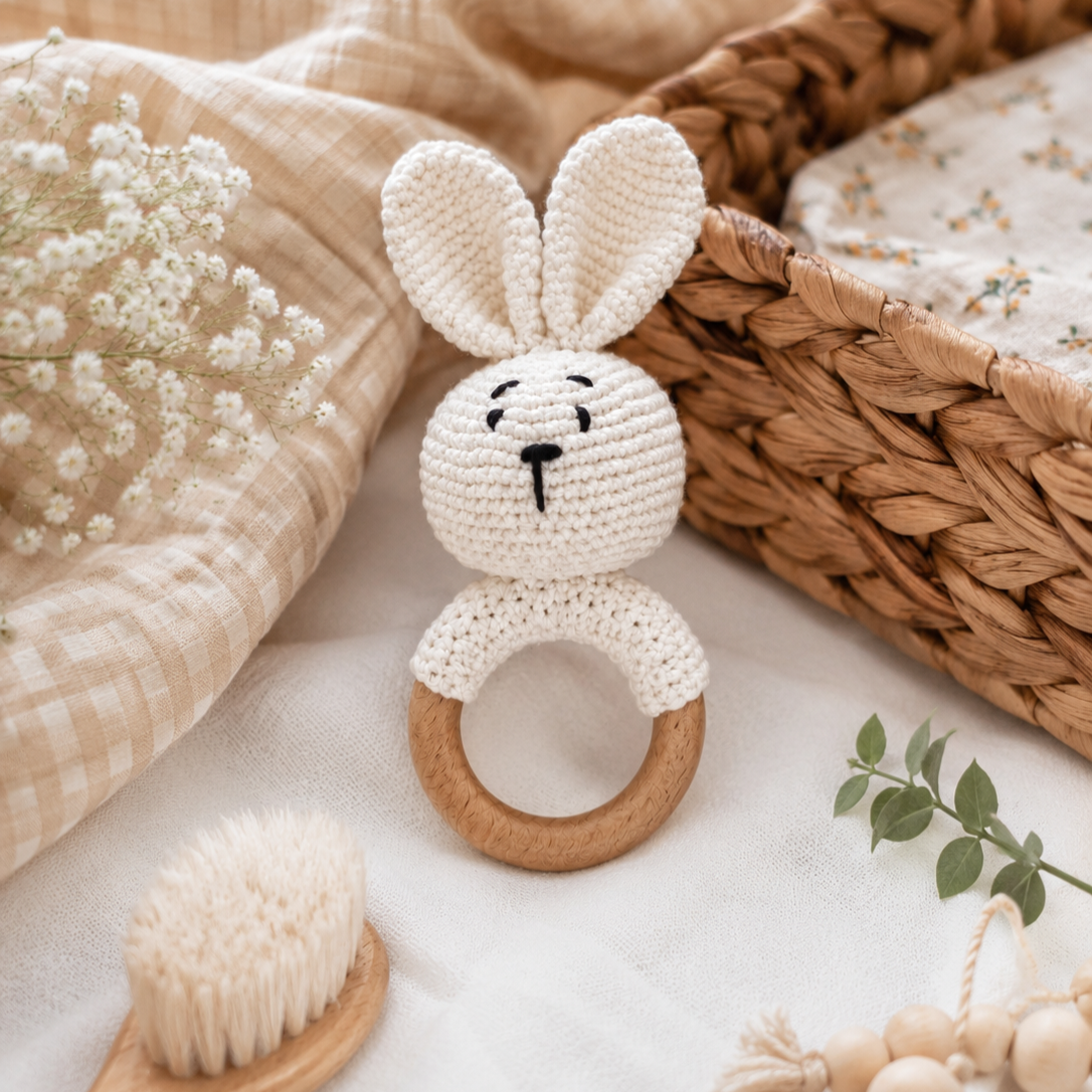 Baby Hand Knitted Rattle- Bunny