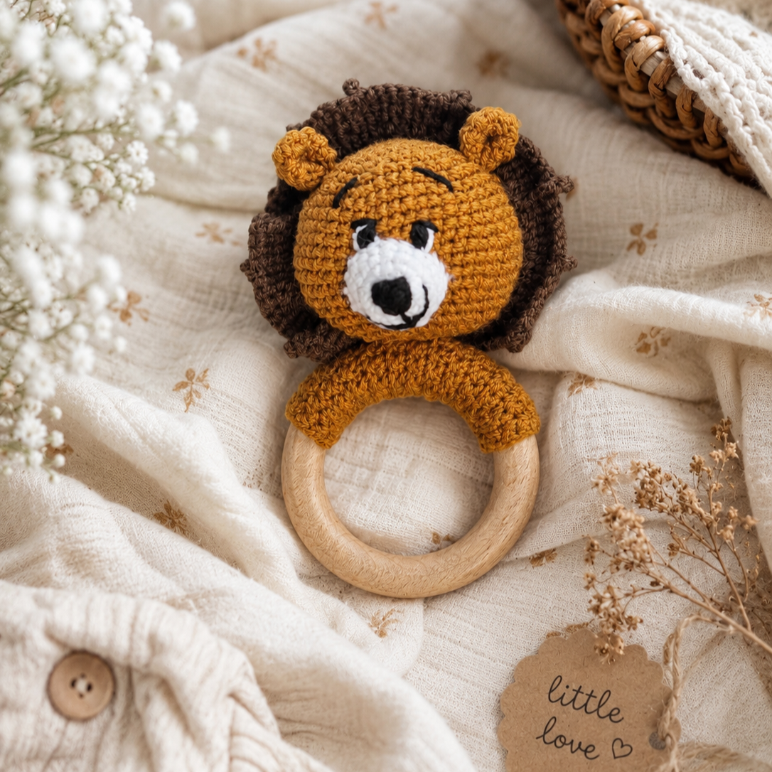 Baby Hand Knitted Rattle- Lion
