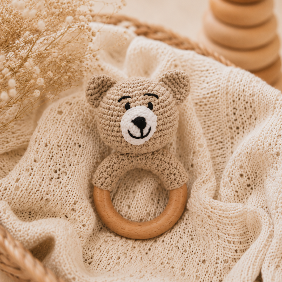 Baby Hand Knitted Rattle- Bear