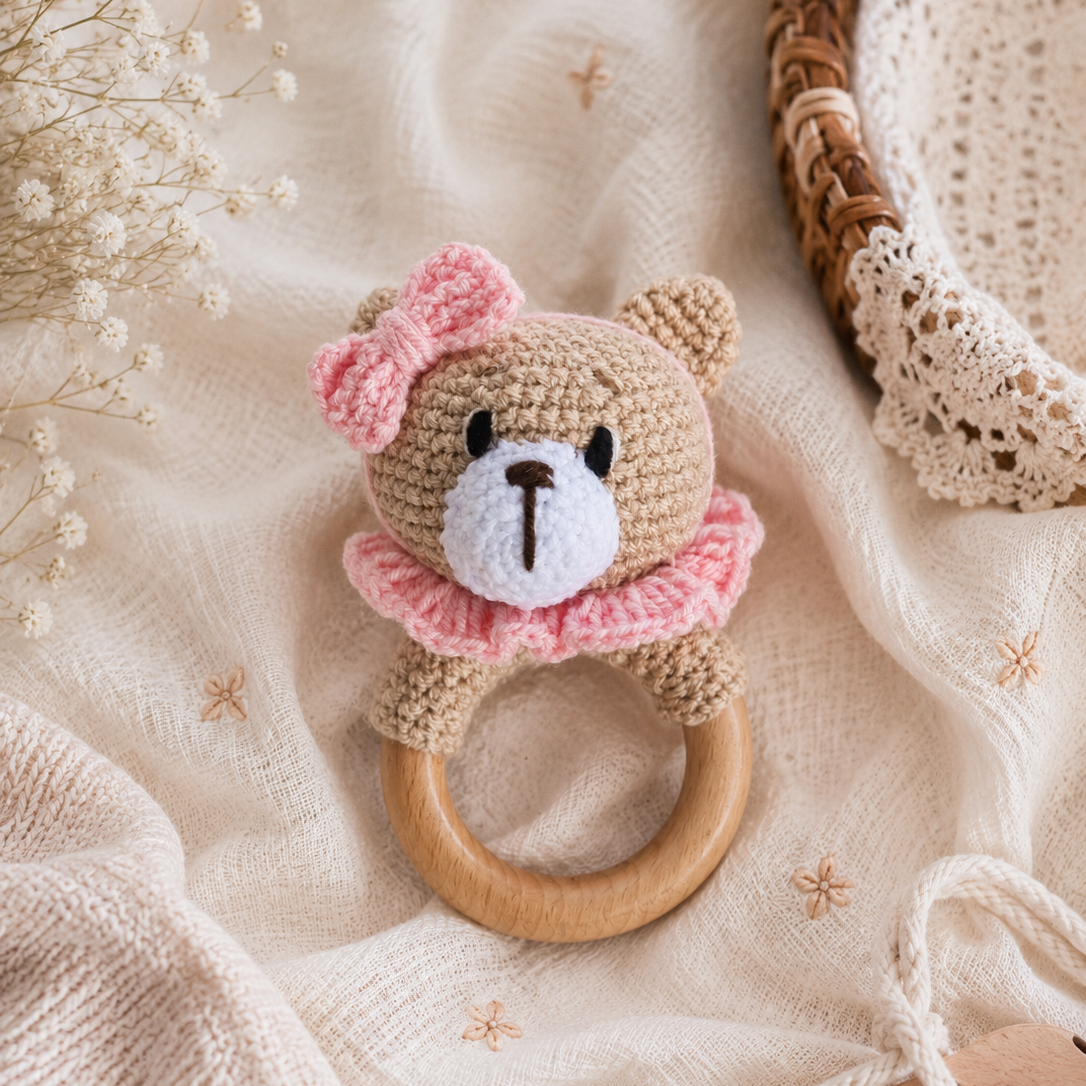 Baby Knitted Rattle- Girl Bear