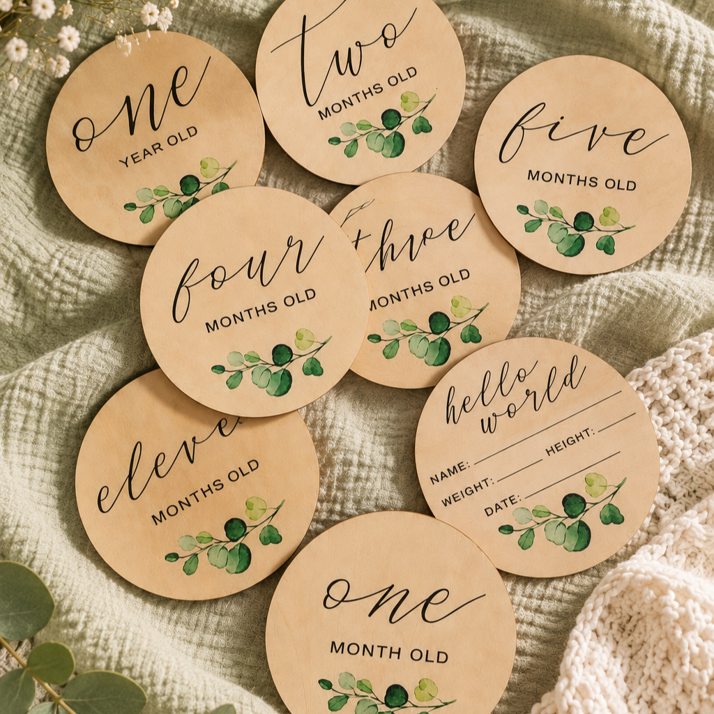 Botanical themed wooden baby milestone cards