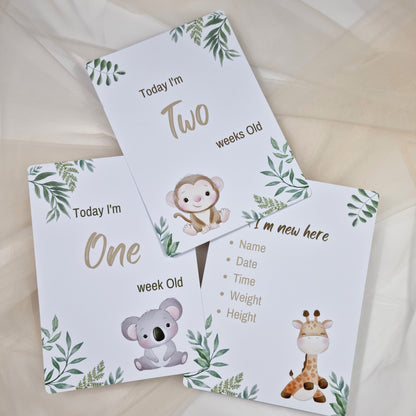 Three baby milestone cards with animal illustrations and text on a light background